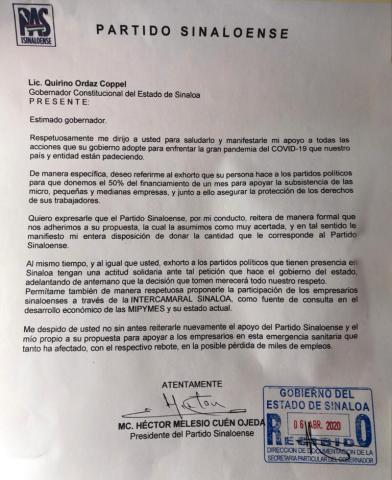 En representaciÃ³n del Partido Sinaloense, HÃ©ctor Melesio CuÃ©n Ojeda formaliza ante gobierno del e