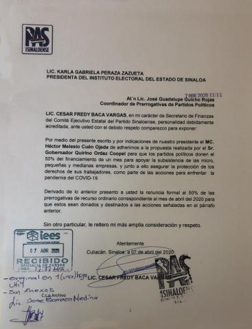 El Partido Sinaloense formaliza ante el Instituto Estatal Electoral de Sinaloa su decisiÃ³n de aport