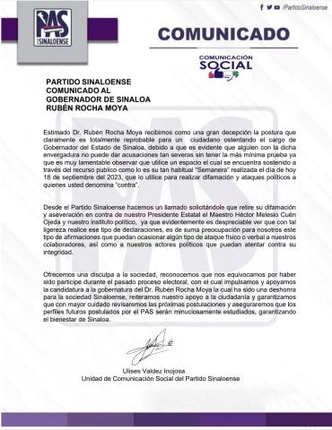 PARTIDO SINALOENSE COMUNICADO AL GOBERNADOR DE SINALOA RUBÉN ROCHA MOYA 